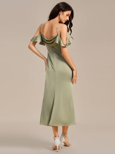 Off Shoulder Lotus Leaf Mermaid Midi Satin Bridesmaid Dress #color_Sage Green