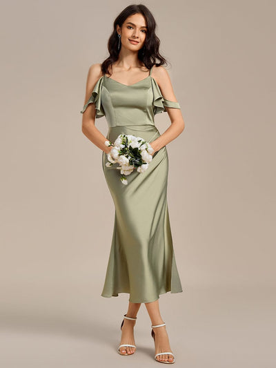 Off Shoulder Lotus Leaf Mermaid Midi Satin Bridesmaid Dress #color_Sage Green