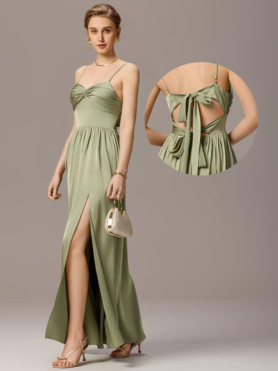 Satin Pleated Backless Sleeveless Maxi Bridesmaid Dress #color_Sage Green