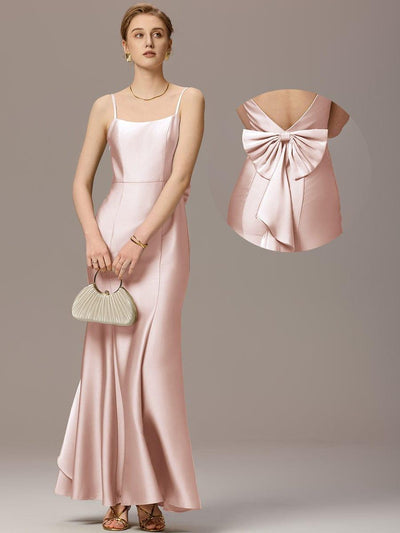 Mermaid Bow Stretch Satin Maxi Bridesmaid Dress #color_Pink