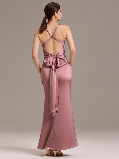 Knot Front Mermaid Cross Back Bow Tie Satin Maxi Bridesmaid Dress #color_Purple Orchid