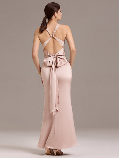 Knot Front Mermaid Cross Back Bow Tie Satin Maxi Bridesmaid Dress #color_Pink
