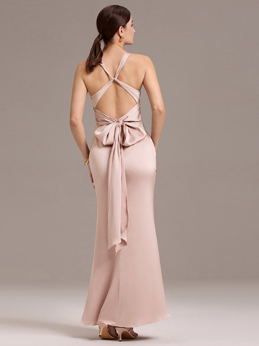 Knot Front Mermaid Cross Back Bow Tie Satin Maxi Bridesmaid Dress #color_Pink