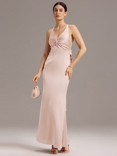 Knot Front Mermaid Cross Back Bow Tie Satin Maxi Bridesmaid Dress #color_Pink