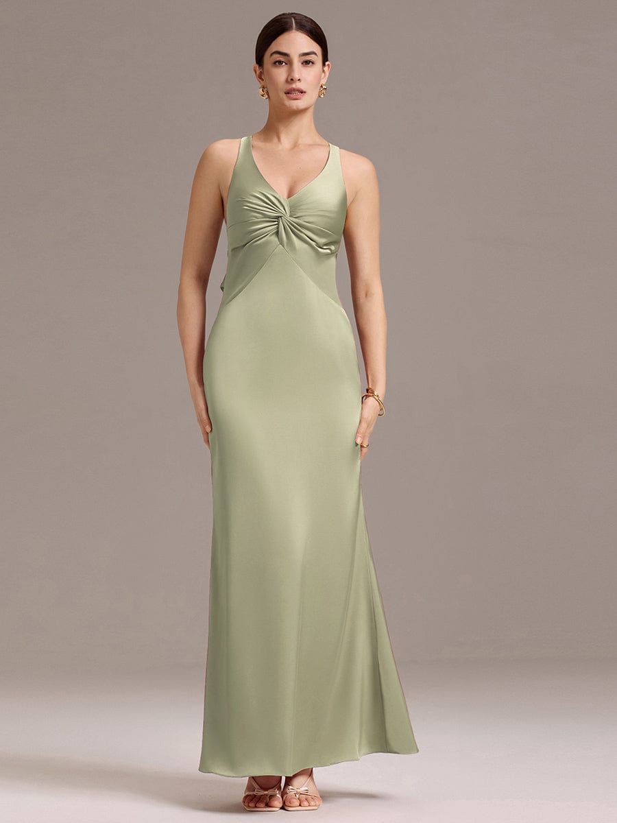 Knot Front Mermaid Cross Back Bow Tie Satin Maxi Bridesmaid Dress #color_Sage Green