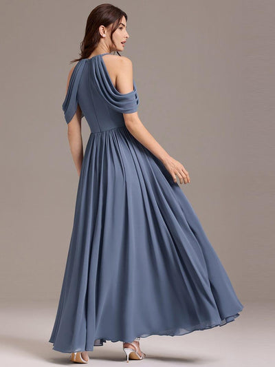 High Slit Cold Shoulder Halter Maxi Chiffon Bridesmaid Dress #color_Dusty Blue