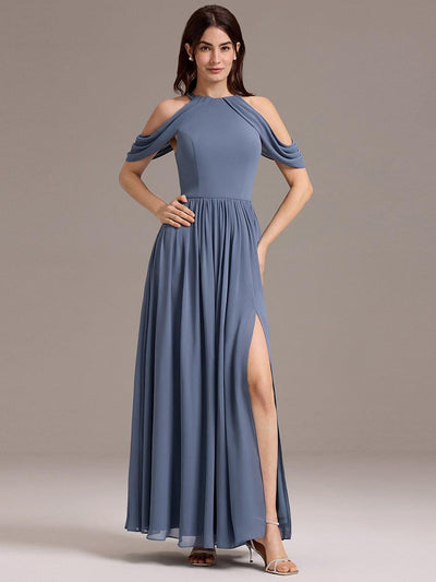 High Slit Cold Shoulder Halter Maxi Chiffon Bridesmaid Dress #color_Dusty Blue