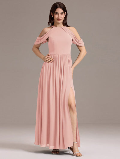 High Slit Cold Shoulder Halter Maxi Chiffon Bridesmaid Dress #color_Pink