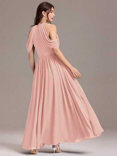 High Slit Cold Shoulder Halter Maxi Chiffon Bridesmaid Dress #color_Pink