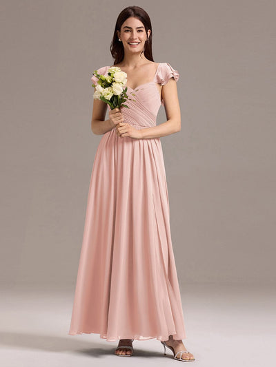 A-line Sweetheart Neck Chiffon Maxi Bridesmaid Dress With Ruffle #color_Pink