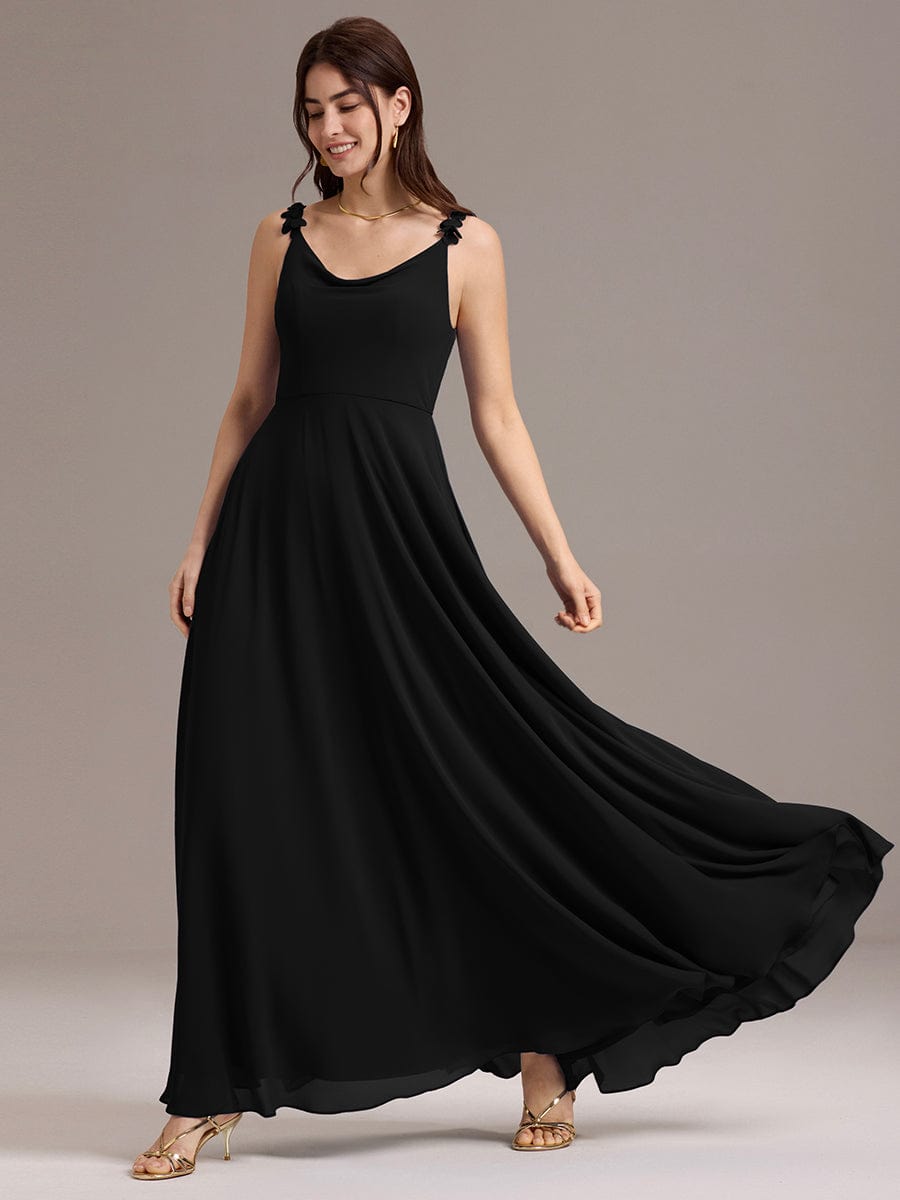 A-Line Cowl Flower Spaghetti Straps Maxi Bridesmaid Dress with Pockets #color_Black