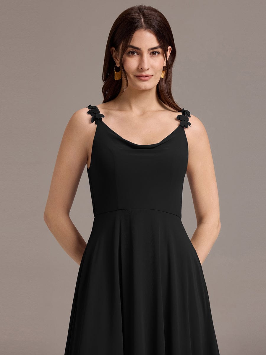 A-Line Cowl Flower Spaghetti Straps Maxi Bridesmaid Dress with Pockets #color_Black