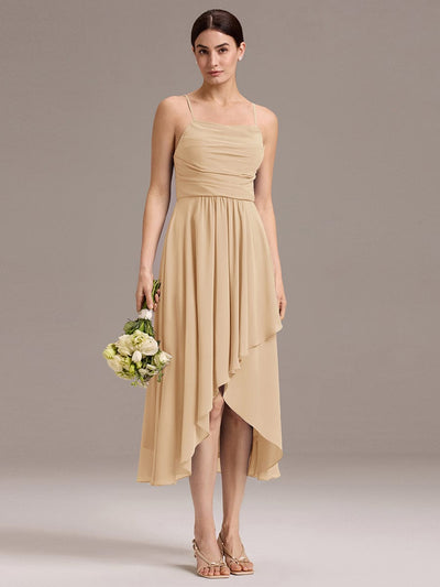 ever BELISSE|Spaghetti Strap Square Pleated High-Low Midi Bridesmaid Dress #color_Champagne