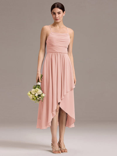 ever BELISSE|Spaghetti Strap Square Pleated High-Low Midi Bridesmaid Dress #color_Pink