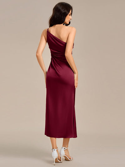 High Slit One Shoulder Mermaid Satin Bridesmaid Dress #color_Burgundy