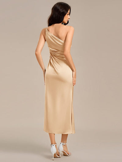 High Slit One Shoulder Mermaid Satin Bridesmaid Dress #color_Champagne