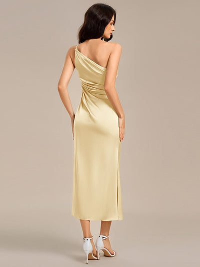 High Slit One Shoulder Mermaid Satin Bridesmaid Dress #color_Yellow