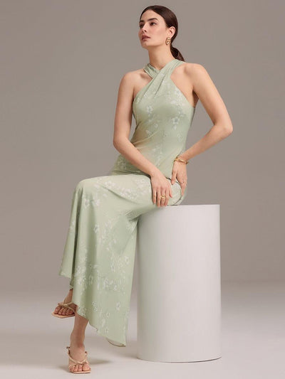 Floral Cross Halter Mermaid Self-Tie Bow Back Maxi Bridesmaid Dress #color_Vintage Primrose Celadon