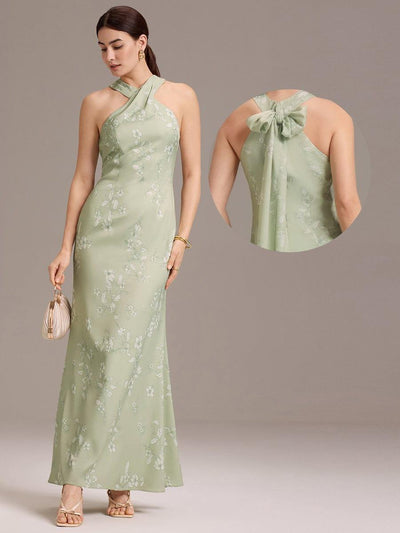 Floral Cross Halter Mermaid Self-Tie Bow Back Maxi Bridesmaid Dress #color_Vintage Primrose Celadon
