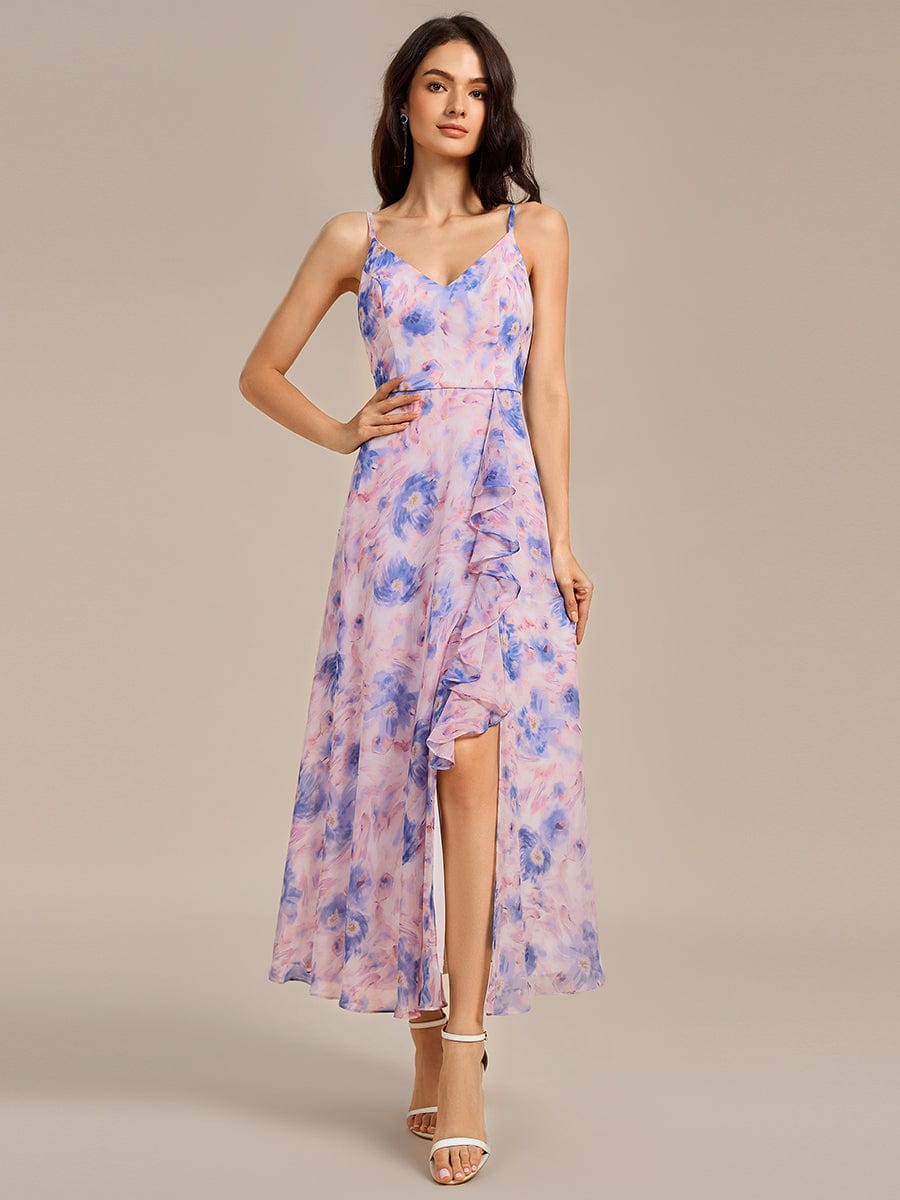 Ruffle Floral V-Neck A-line Asymmetrical Maxi Bridesmaid Dress #color_Azure Bream