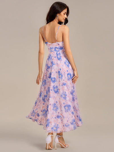Ruffle Floral V-Neck A-line Asymmetrical Maxi Bridesmaid Dress #color_Azure Bream