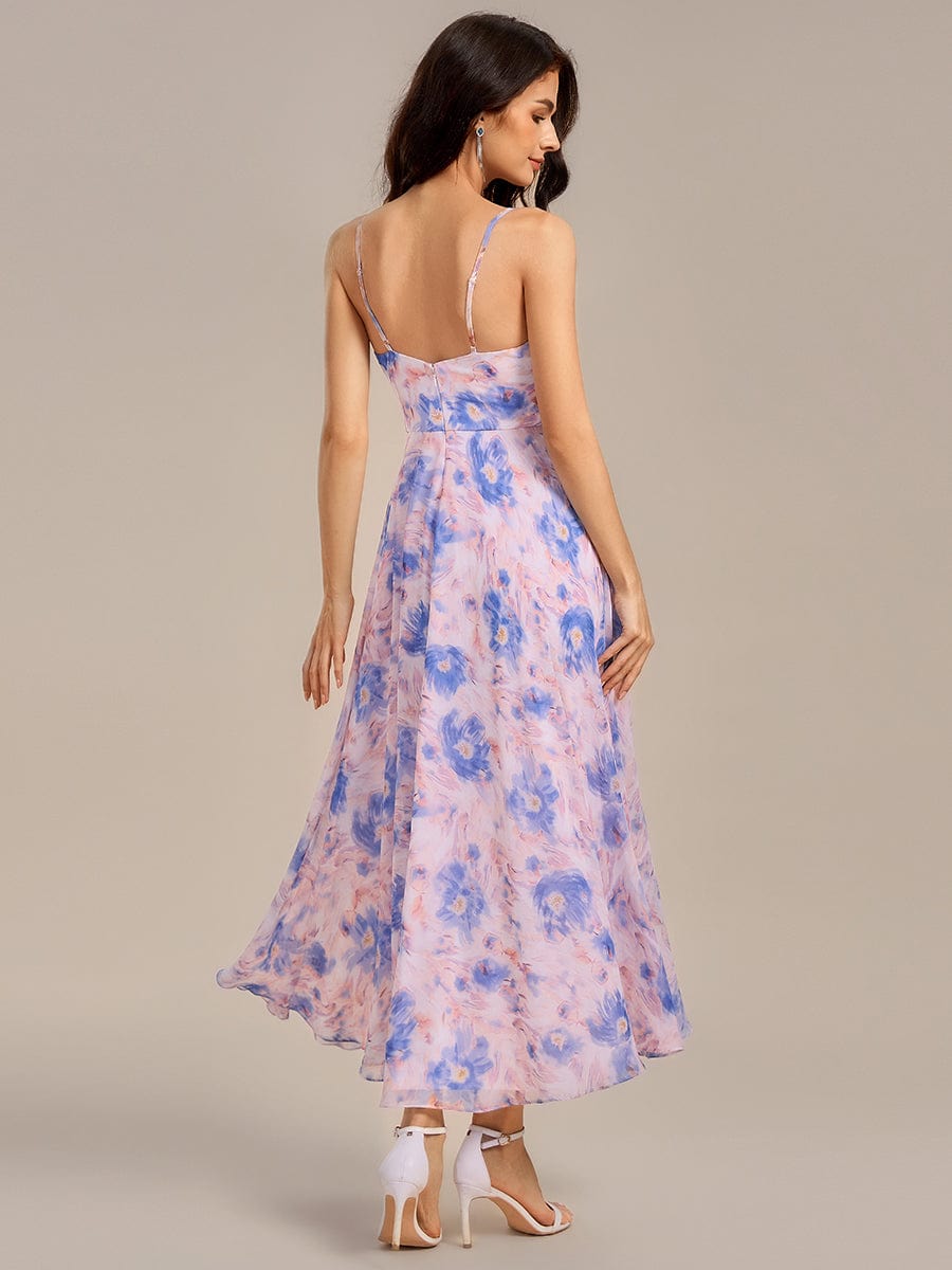 Ruffle Floral V-Neck A-line Asymmetrical Maxi Bridesmaid Dress #color_Azure Bream
