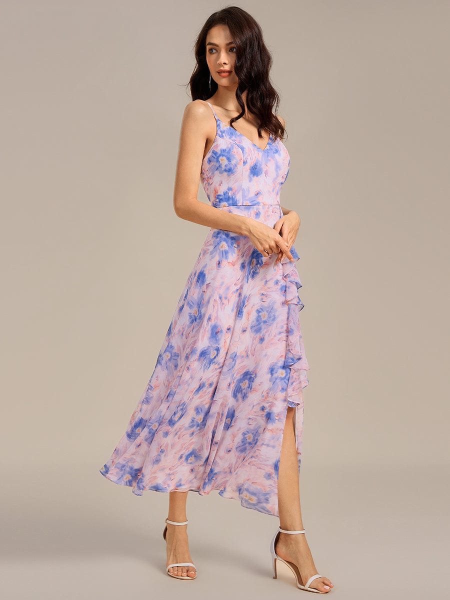 Ruffle Floral V-Neck A-line Asymmetrical Maxi Bridesmaid Dress #color_Azure Bream