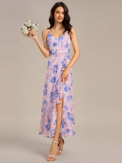 Ruffle Floral V-Neck A-line Asymmetrical Maxi Bridesmaid Dress #color_Azure Bream