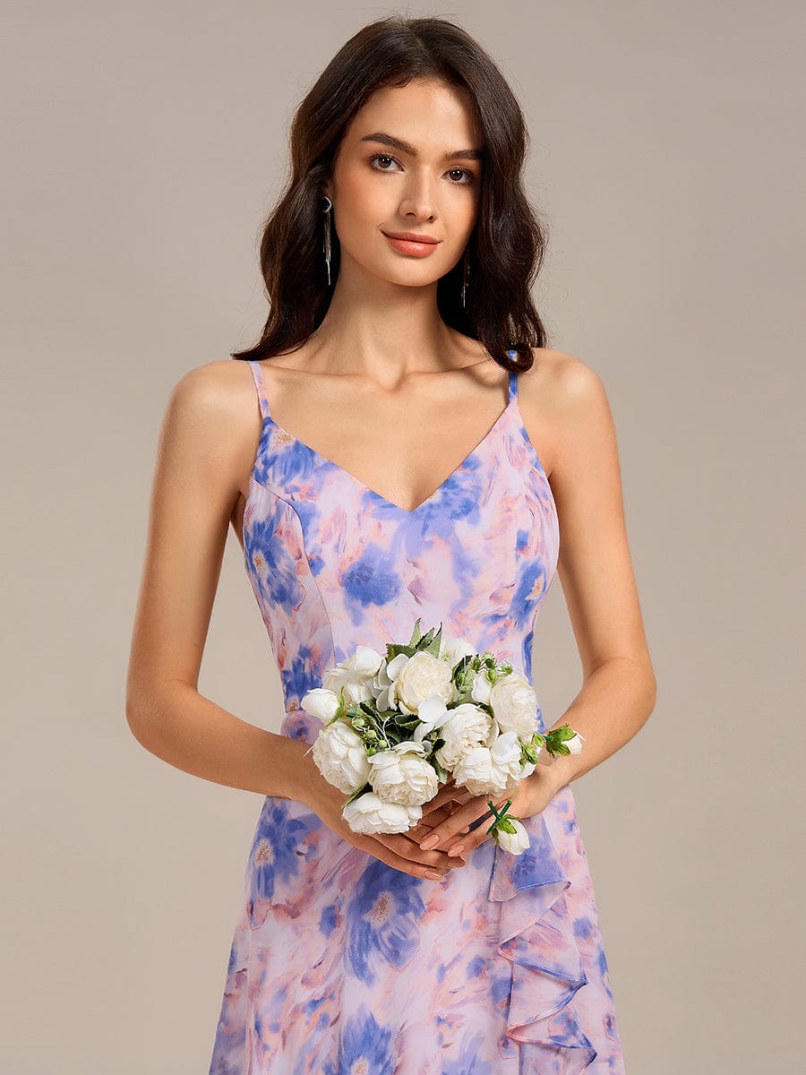 Ruffle Floral V-Neck A-line Asymmetrical Maxi Bridesmaid Dress #color_Azure Bream