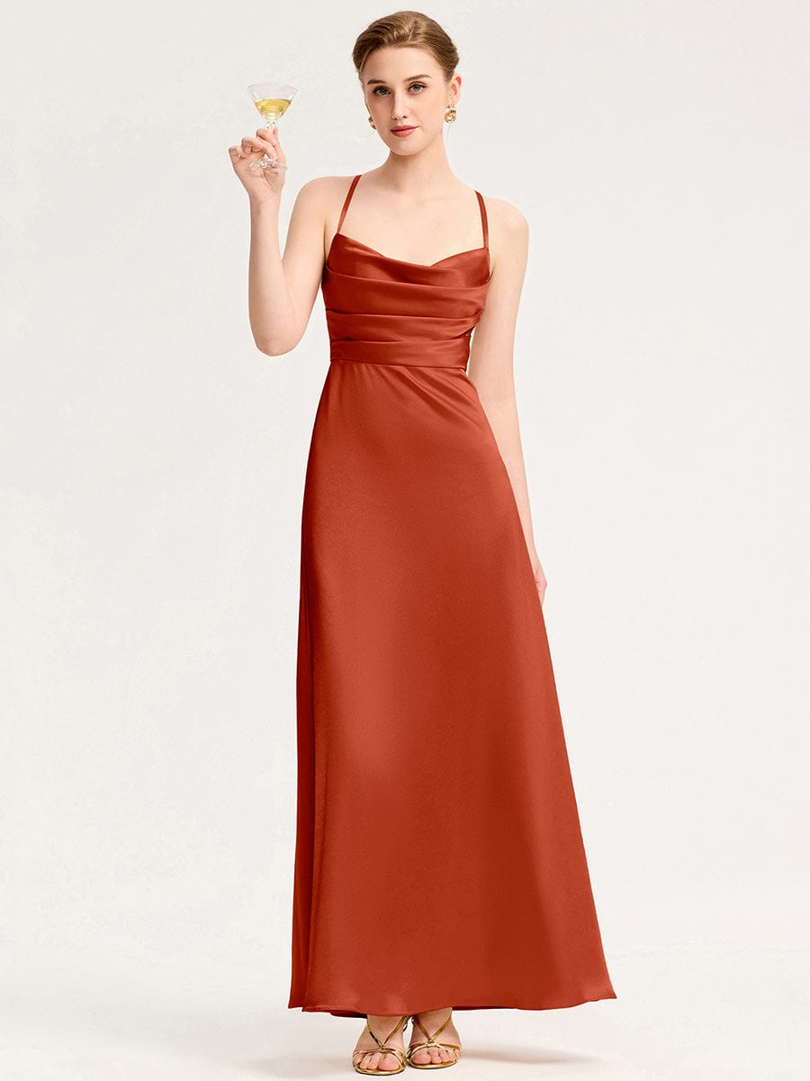 Cowl Pleated Satin Bridesmaid Dress #color_Burnt Orange