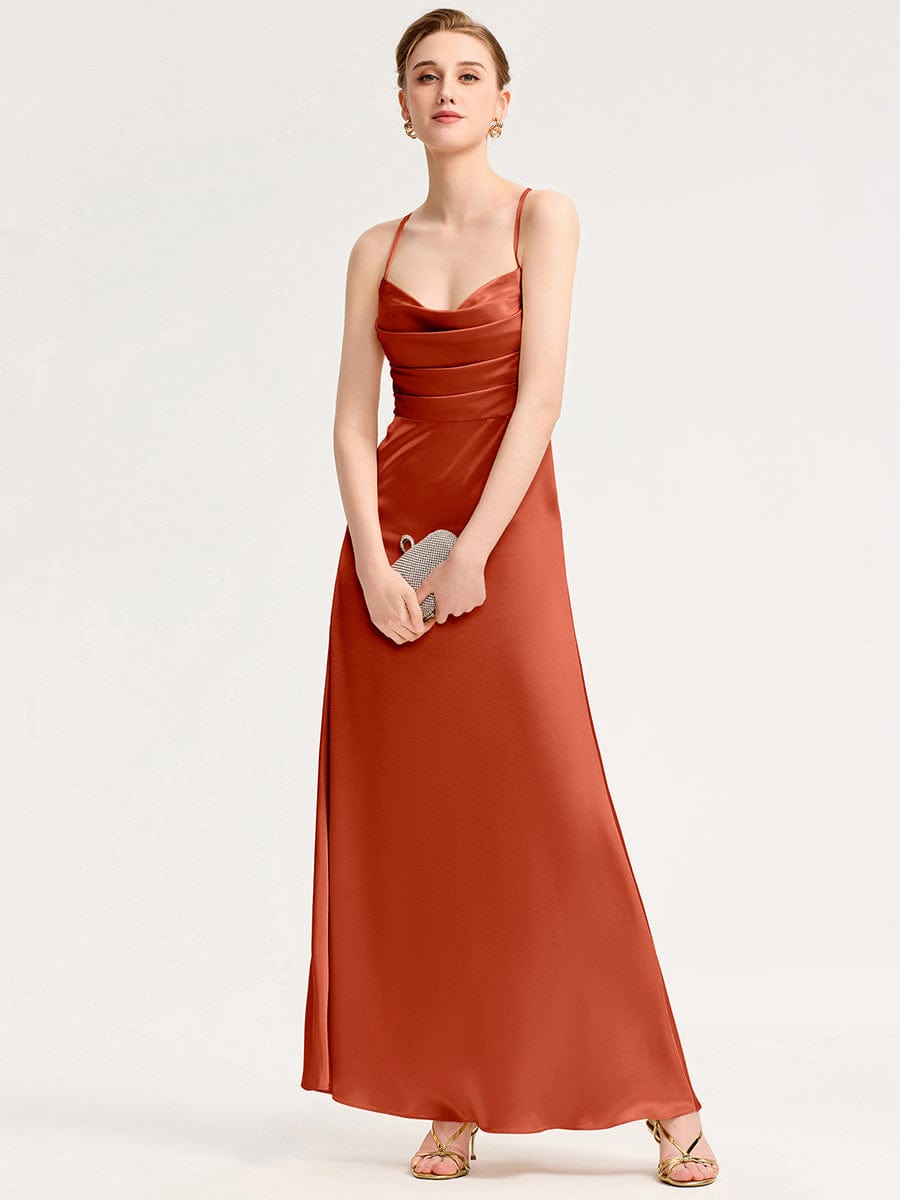 Cowl Pleated Satin Bridesmaid Dress #color_Burnt Orange