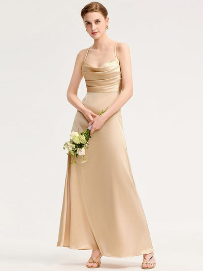 Cowl Pleated Satin Bridesmaid Dress #color_Champagne