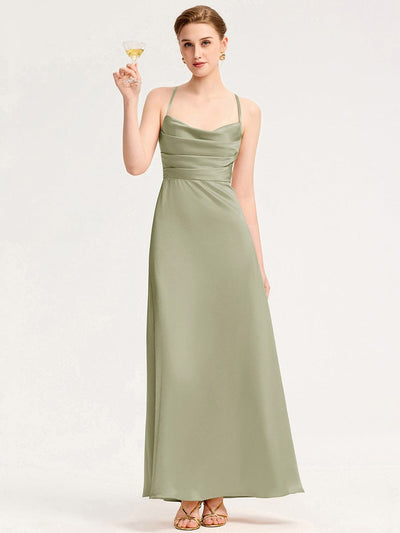 Cowl Pleated Satin Bridesmaid Dress #color_Sage Green