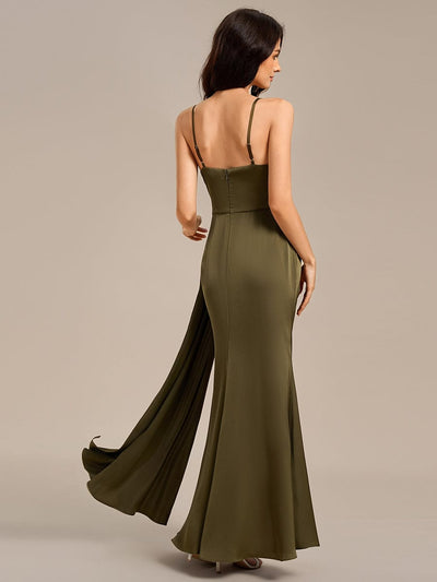 Spaghetti Straps Side Slit Mermaid Satin Bridesmaid Dress #color_Olive Green