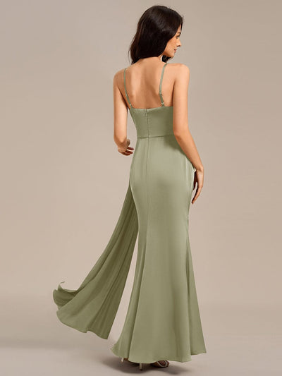 Spaghetti Straps Side Slit Mermaid Satin Evening Dress #color_Sage Green