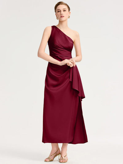 One Shoulder Ruched Satin Bridesmaid Dress #color_Burgundy