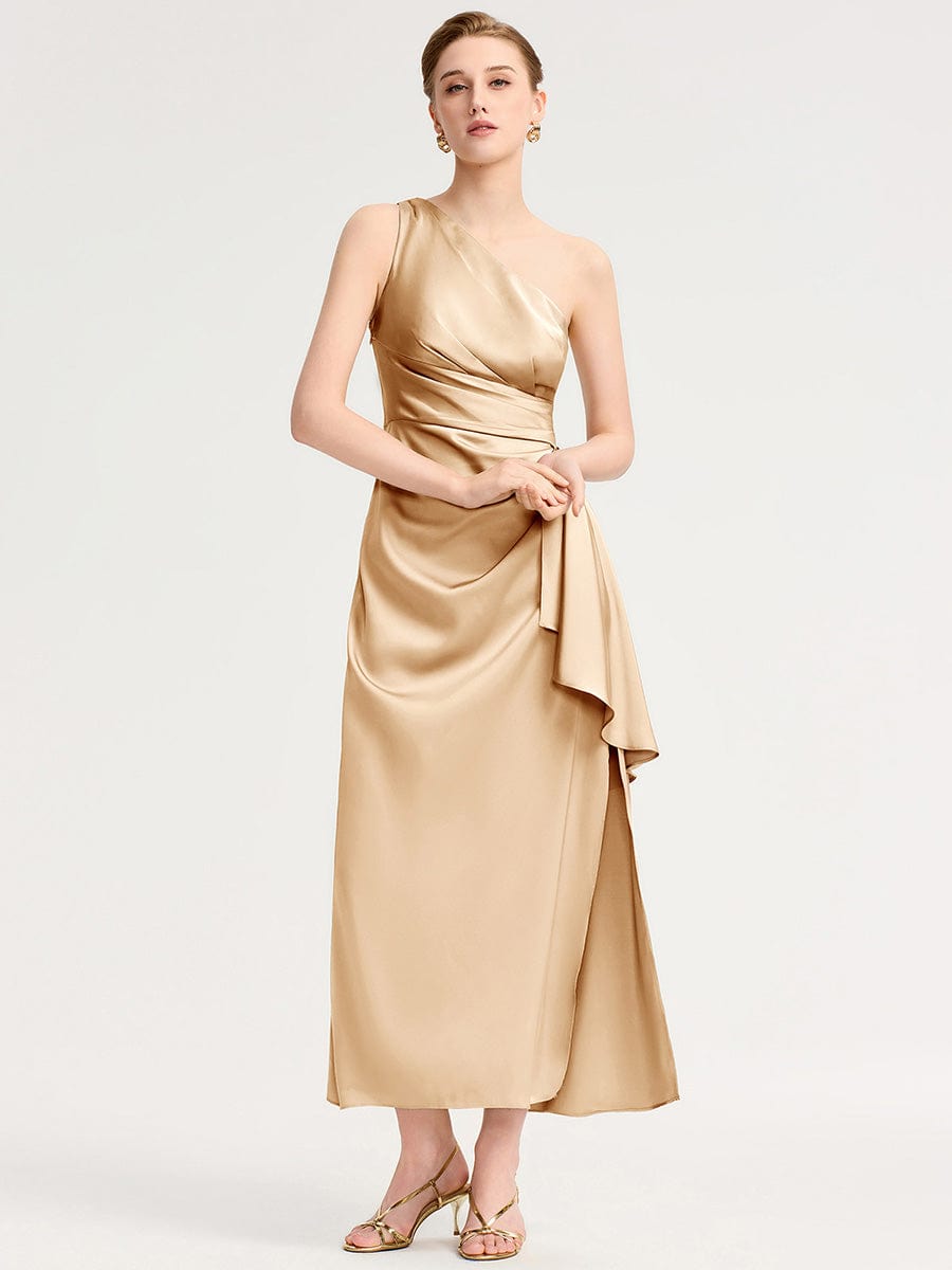 One Shoulder Ruched Satin Bridesmaid Dress #color_Champagne