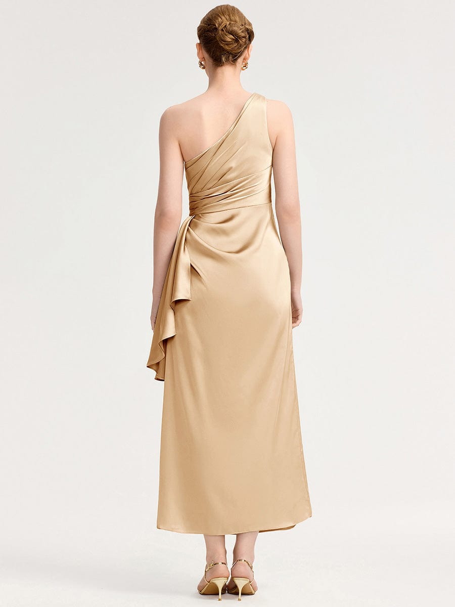 One Shoulder Ruched Satin Bridesmaid Dress #color_Champagne