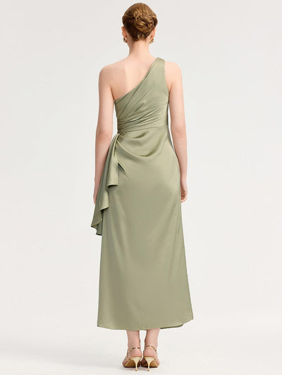 One Shoulder Ruched Satin Bridesmaid Dress #color_Sage Green