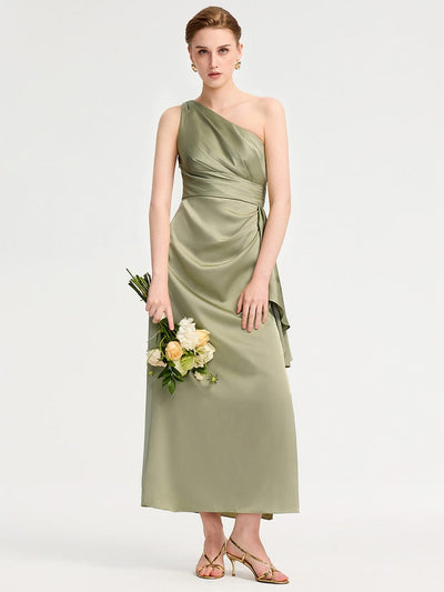 One Shoulder Ruched Satin Bridesmaid Dress #color_Sage Green