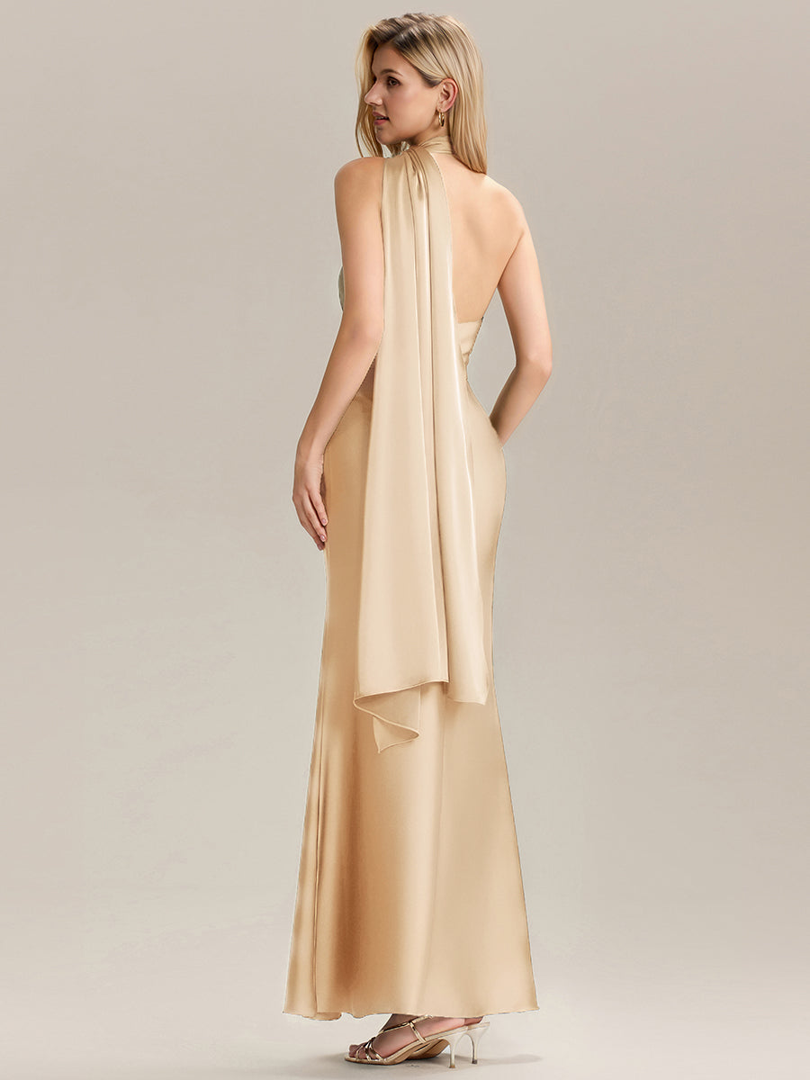 Flowing Ribbons Satin Sleeveless Bridesmaid Dress #color_Champagne