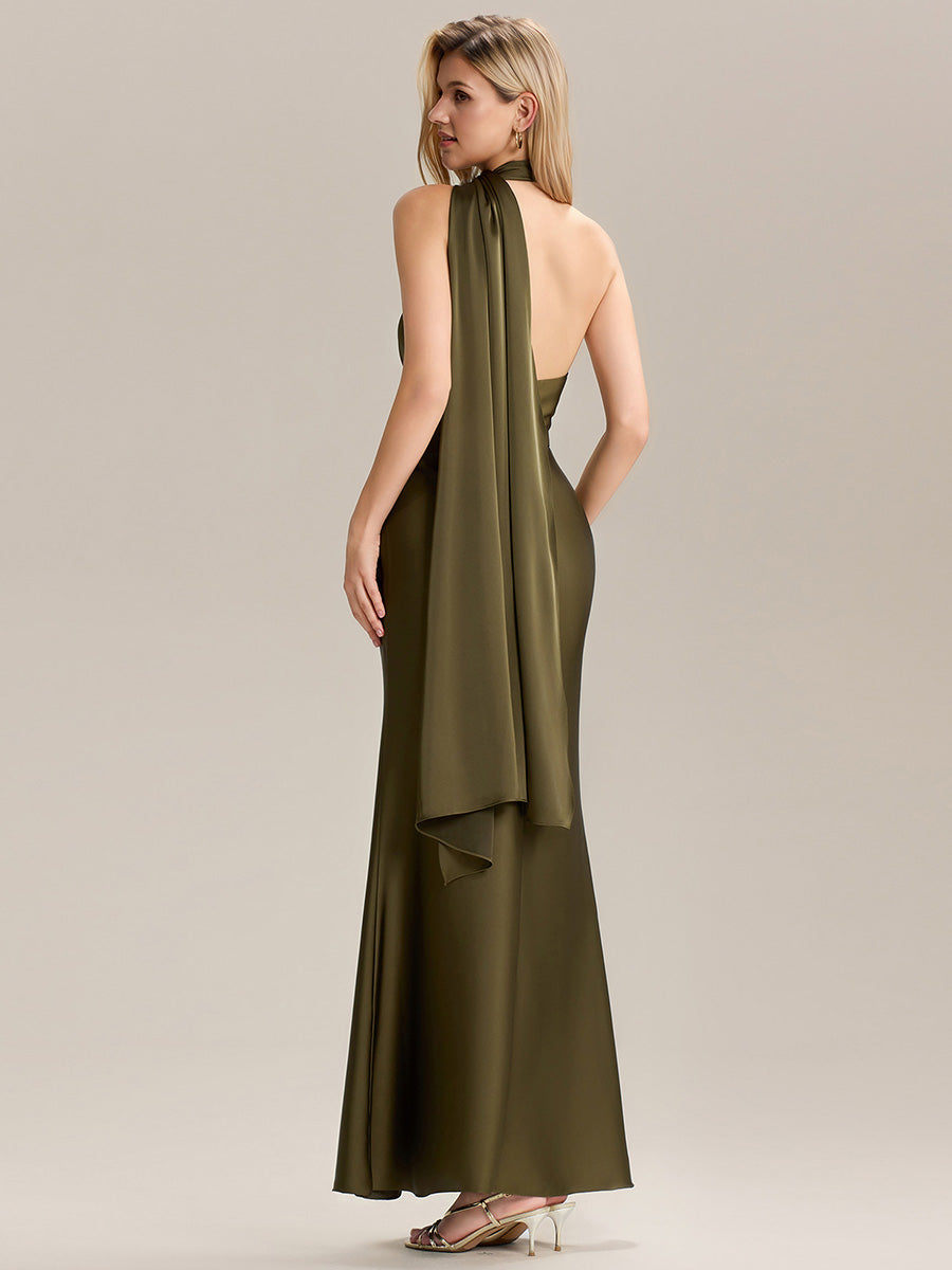 Flowing Ribbons Satin Sleeveless Bridesmaid Dress #color_Olive Green