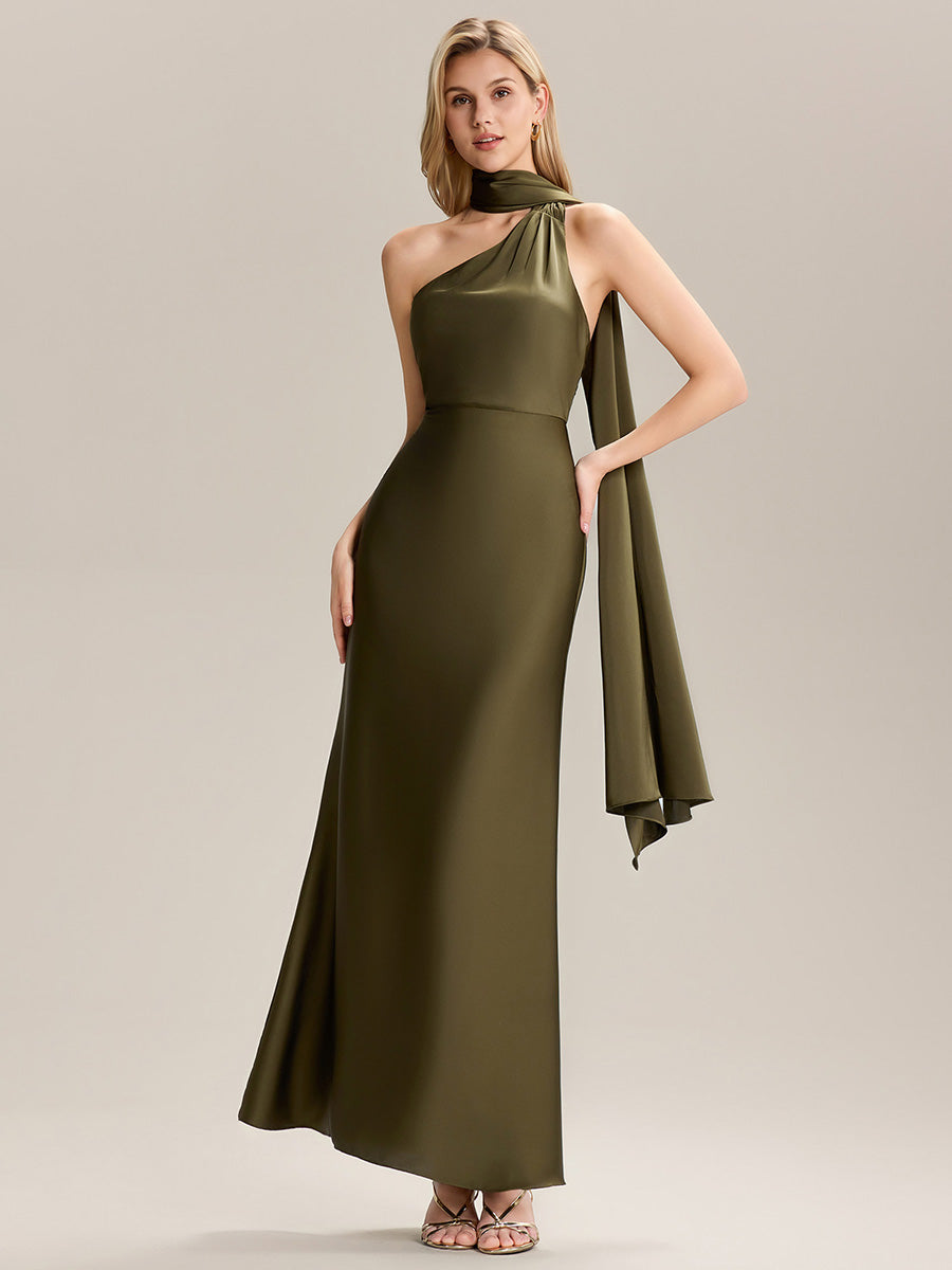 Flowing Ribbons Satin Sleeveless Bridesmaid Dress #color_Olive Green