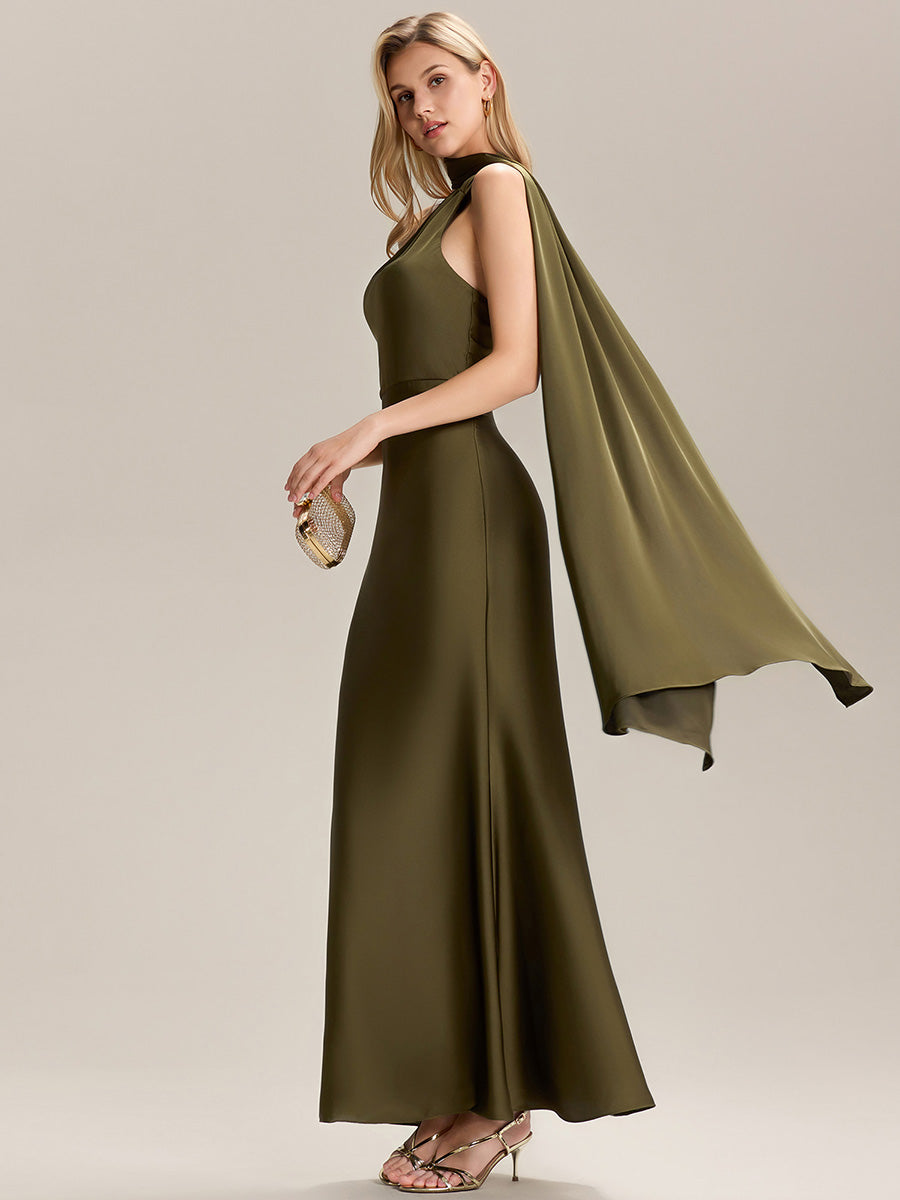 Flowing Ribbons Satin Sleeveless Bridesmaid Dress #color_Olive Green