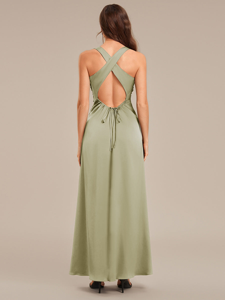 Backless Satin Sleeveless Evening Dress #color_Sage Green
