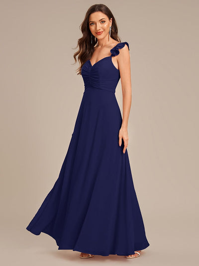 Lettuce Trim Chiffon Ruffle Sleeve Bridesmaid Dress #color_Navy Blue