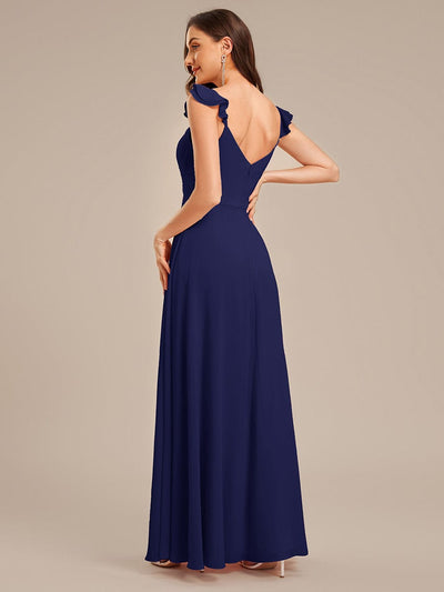 Lettuce Trim Chiffon Ruffle Sleeve Bridesmaid Dress #color_Navy Blue