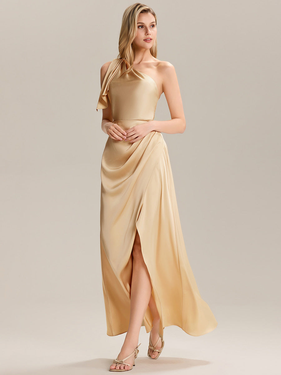 Flowing Ribbons Satin Sleeveless Bridesmaid Dress #color_Champagne