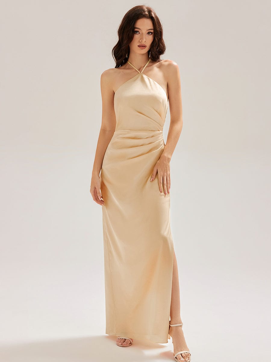 Flowing Ribbons Satin Sleeveless Bridesmaid Dress #color_Champagne