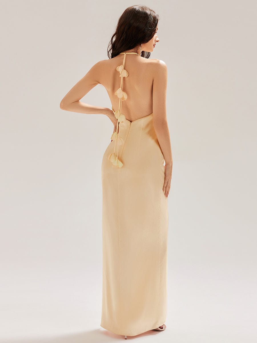 Flowing Ribbons Satin Sleeveless Bridesmaid Dress #color_Champagne